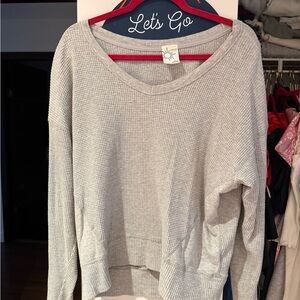 Off-the-Shoulder Waffle Knit Sweater - Light Gray